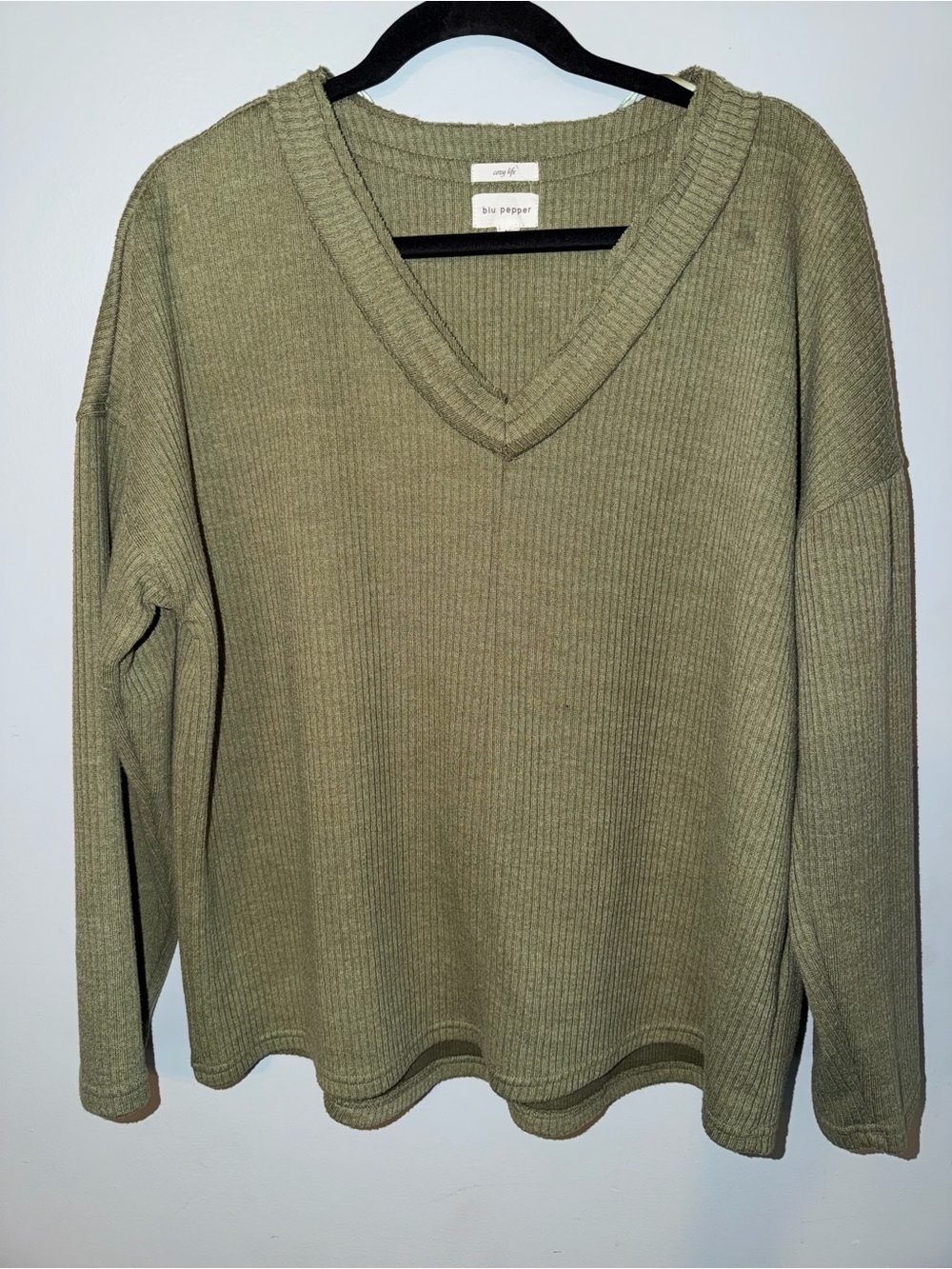 Blu Pepper Olive Ribbed V-Neck Pullover